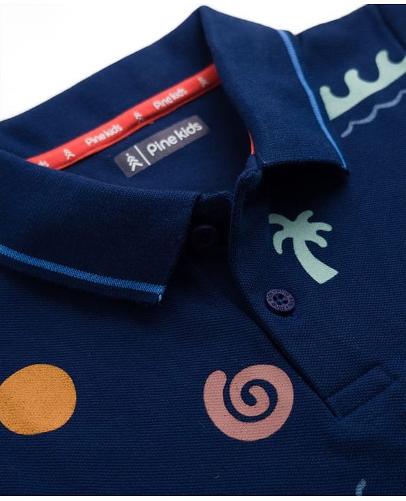 Pine Kids Cotton Knit Half Sleeves Polo T-Shirt with Beach Theme Print - Navy Blue