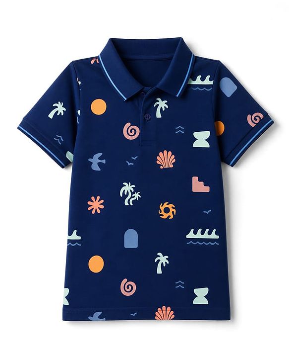 Pine Kids Cotton Knit Half Sleeves Polo T-Shirt with Beach Theme Print - Navy Blue