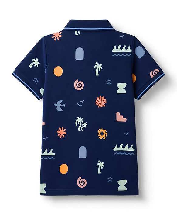 Pine Kids Cotton Knit Half Sleeves Polo T-Shirt with Beach Theme Print - Navy Blue