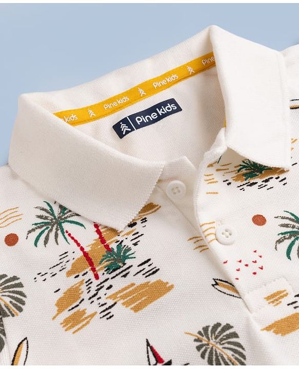 Pine Kids Cotton Knit  Half Sleeves  Polo T-Shirt with Beach Theme Print - White