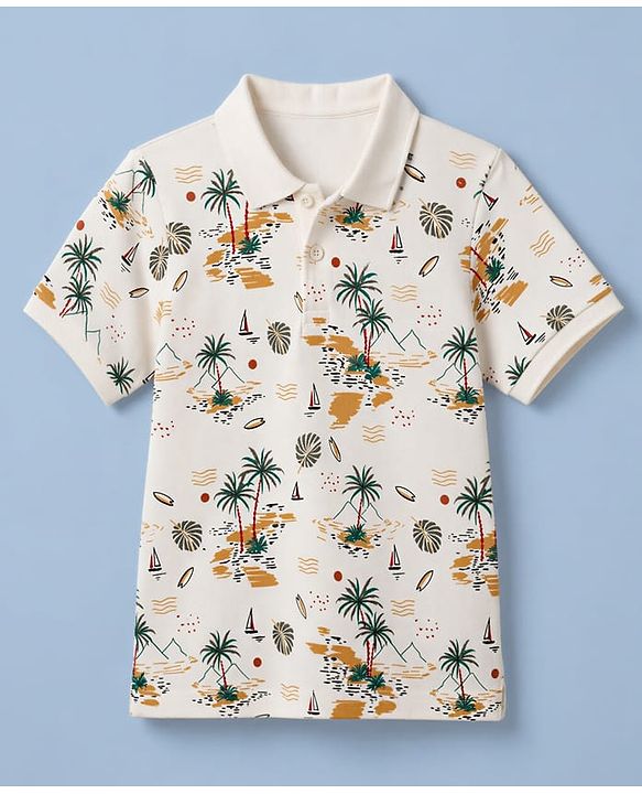 Pine Kids Cotton Knit  Half Sleeves  Polo T-Shirt with Beach Theme Print - White