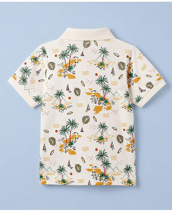 Pine Kids Cotton Knit  Half Sleeves  Polo T-Shirt with Beach Theme Print - White