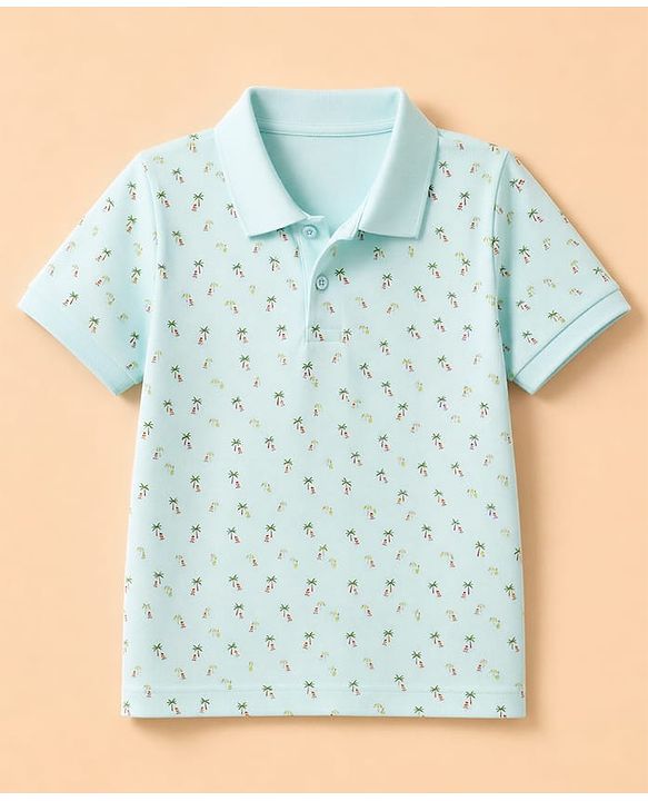 Pine Kids Cotton Knit Half Sleeves Polo T-Shirt with Tropical Print - Mint