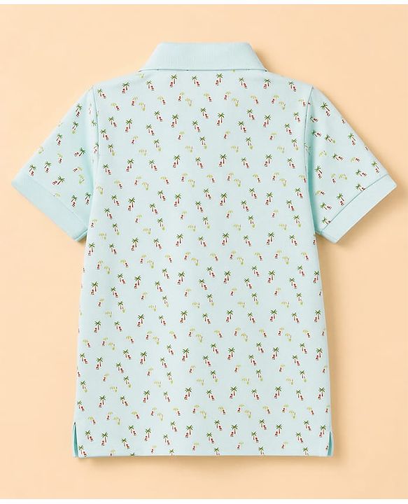 Pine Kids Cotton Knit Half Sleeves Polo T-Shirt with Tropical Print - Mint