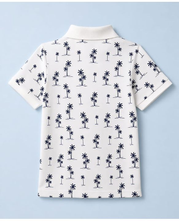 Pine Kids Cotton Knit Half Sleeves Polo T-Shirt with Tropical Print -  Offwhite