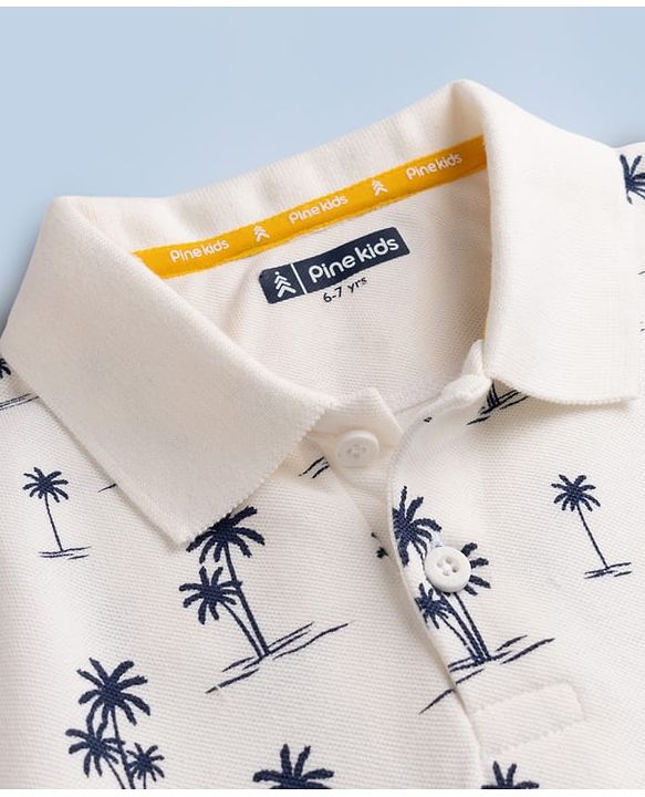 Pine Kids Cotton Knit Half Sleeves Polo T-Shirt with Tropical Print -  Offwhite