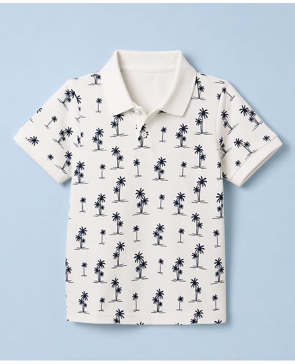Pine Kids Cotton Knit Half Sleeves Polo T-Shirt with Tropical Print -  Offwhite