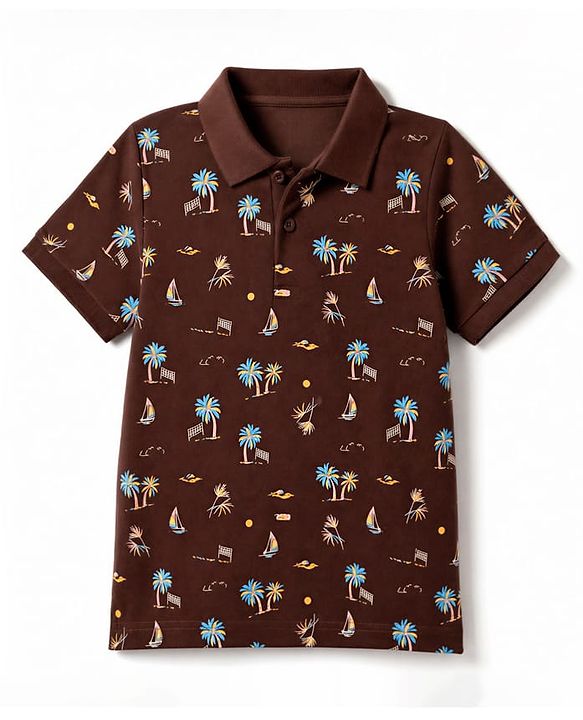 Pine Kids Cotton Knit Half Sleeves Polo T-Shirt with Tropical Theme Print - Brown