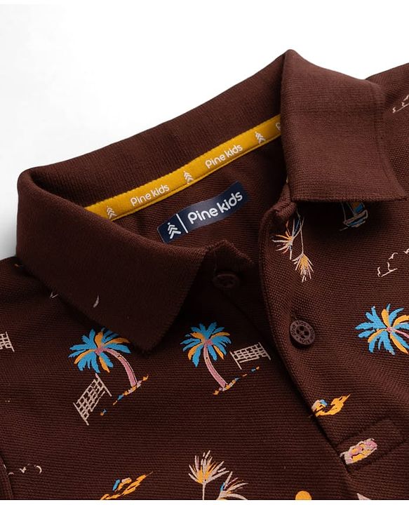 Pine Kids Cotton Knit Half Sleeves Polo T-Shirt with Tropical Theme Print - Brown