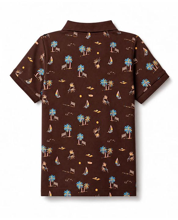Pine Kids Cotton Knit Half Sleeves Polo T-Shirt with Tropical Theme Print - Brown
