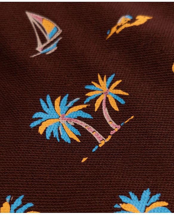 Pine Kids Cotton Knit Half Sleeves Polo T-Shirt with Tropical Theme Print - Brown