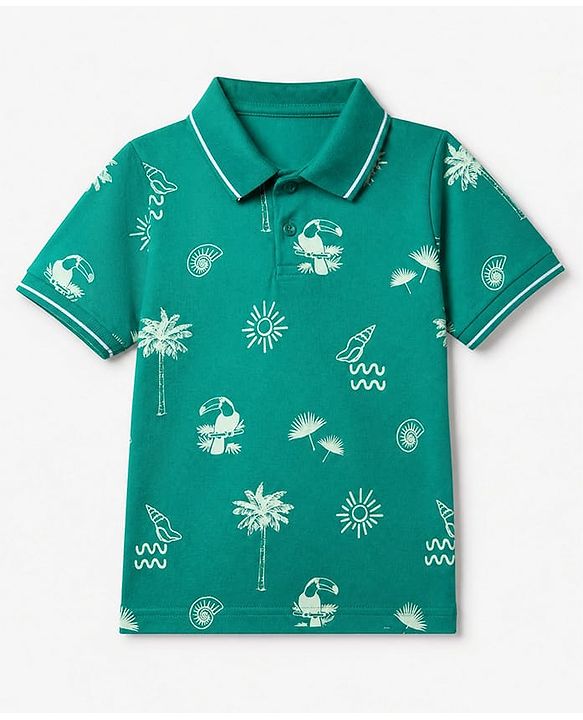 Pine Kids Cotton Knit Polo T-Shirt with Half Sleeves and Tropical Theme Print in Green