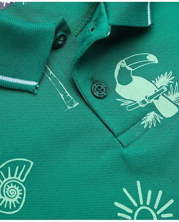 Pine Kids Cotton Knit Polo T-Shirt with Half Sleeves and Tropical Theme Print in Green