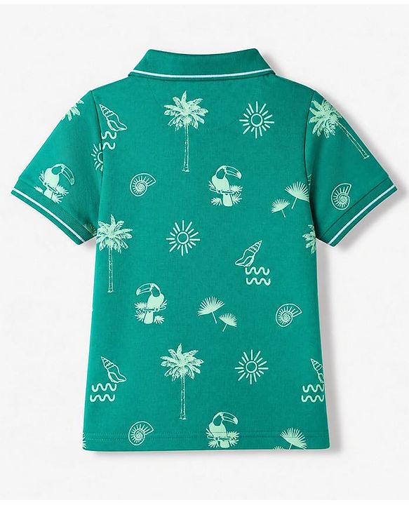 Pine Kids Cotton Knit Polo T-Shirt with Half Sleeves and Tropical Theme Print in Green
