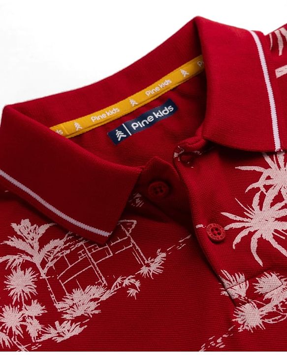 Pine Kids Cotton Knit Half Sleeves Polo T-Shirt with Tropical Theme Print - Red