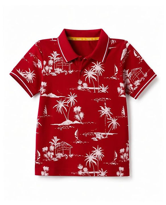 Pine Kids Cotton Knit Half Sleeves Polo T-Shirt with Tropical Theme Print - Red