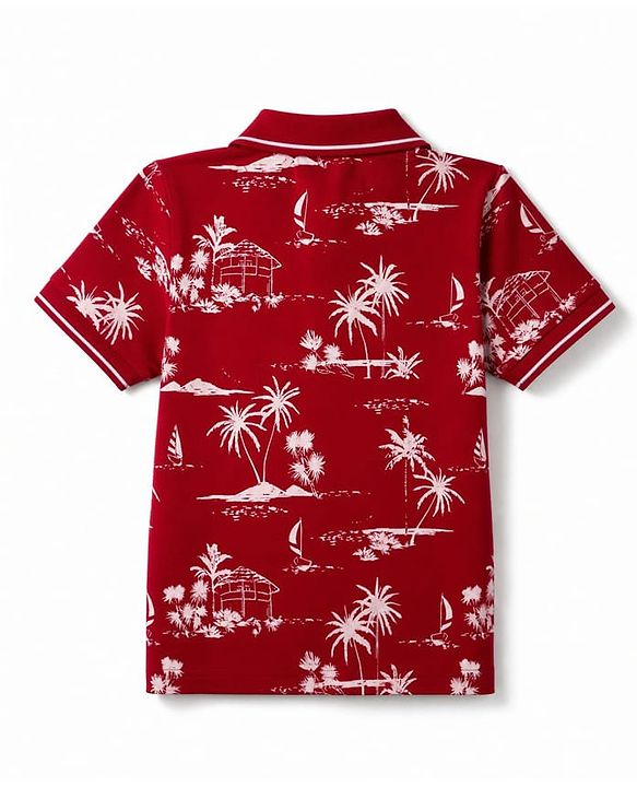 Pine Kids Cotton Knit Half Sleeves Polo T-Shirt with Tropical Theme Print - Red