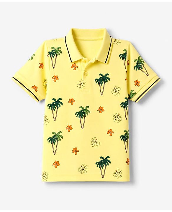Pine Kids Cotton Knit Half Sleeves Polo T-Shirt with Tropical Print - Yellow