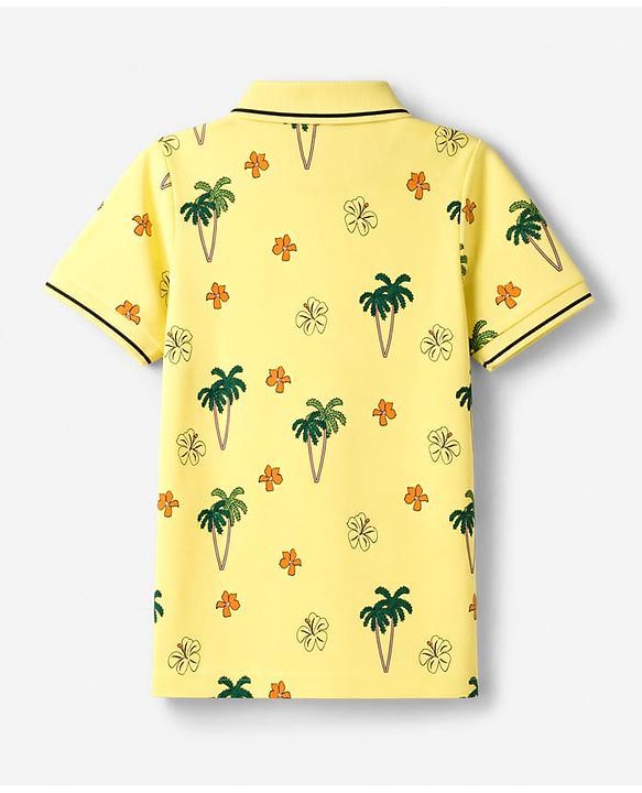 Pine Kids Cotton Knit Half Sleeves Polo T-Shirt with Tropical Print - Yellow