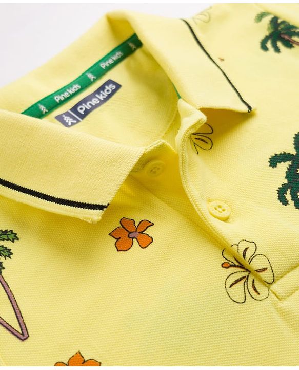 Pine Kids Cotton Knit Half Sleeves Polo T-Shirt with Tropical Print - Yellow