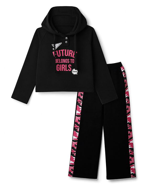 Pine Kids Cotton Looper Knit Full Sleeves Text Printed Hooded Top & Pant Set - Black