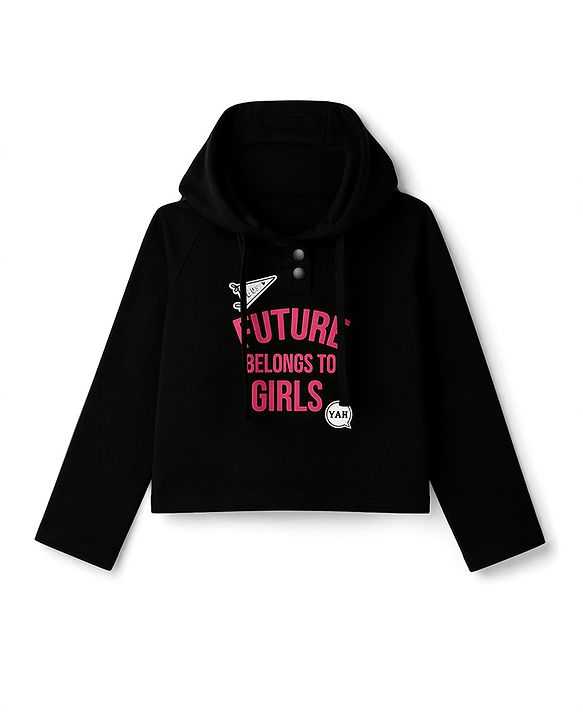Pine Kids Cotton Looper Knit Full Sleeves Text Printed Hooded Top & Pant Set - Black
