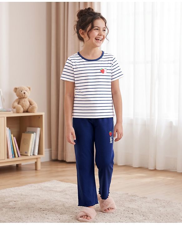 Pine Kids Cotton Knit Half Sleeves  Striped T-Shirt & Pyjama Night Suit - White