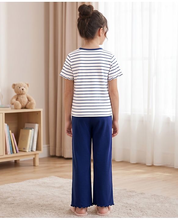 Pine Kids Cotton Knit Half Sleeves  Striped T-Shirt & Pyjama Night Suit - White