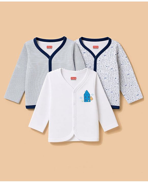 Babyhug 100% Cotton Knit Full Sleeves Striped & Printed Jhablas Pack of 3 - Navy Blue & White