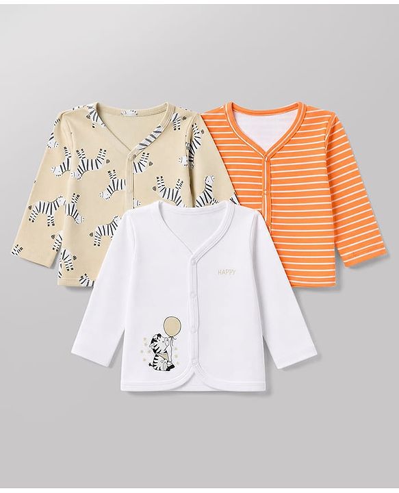 Babyhug 100% Cotton Interlock Knit Full Sleeves Striped & Zebra Printed Jhablas Pack of 3 - White & Orange