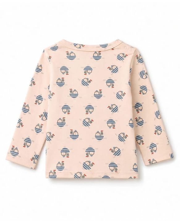 Babyhug 100% Cotton Knit Full Sleeves Striped Front Open Jhablas With Boat Print Pack of 3 - Light Blue, Orange & Peach