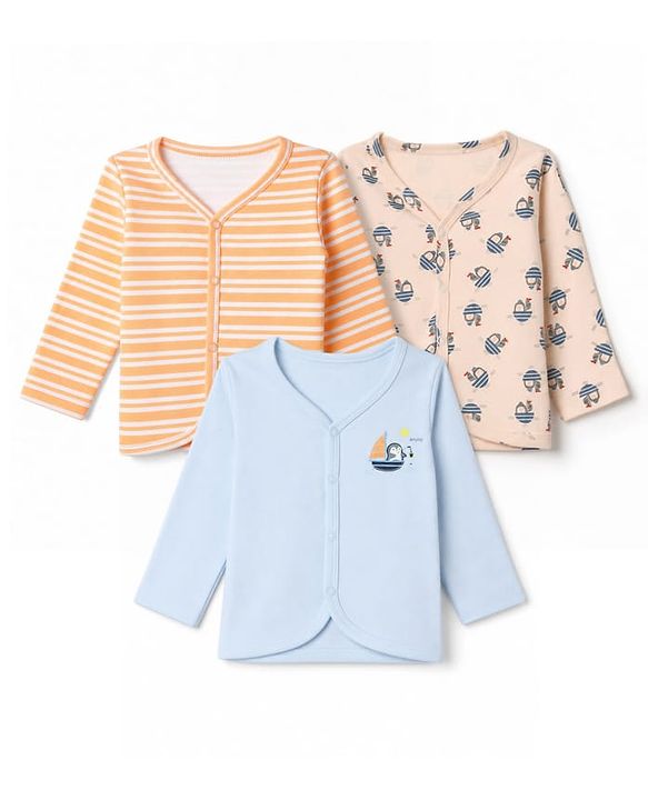 Babyhug 100% Cotton Knit Full Sleeves Striped Front Open Jhablas With Boat Print Pack of 3 - Light Blue, Orange & Peach