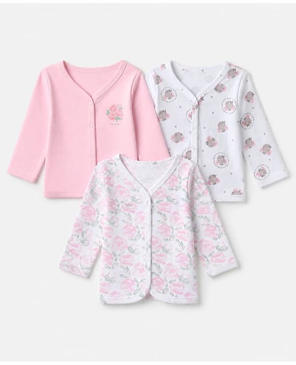 Babyhug 100% Cotton Knit Full Sleeves Floral Printed Jhablas Pack of 3 - Pink & White