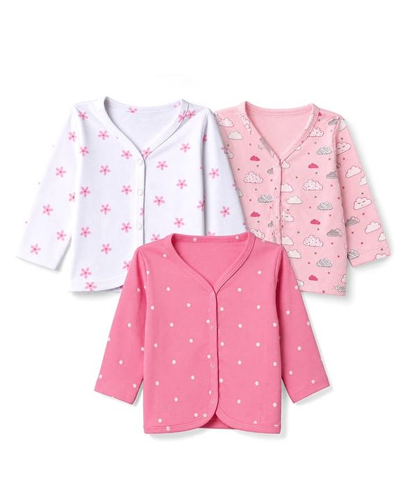 Babyhug 100% Cotton Interlock Knit Full Sleeves Front Open Jhablas With Polka Dot, Cloud & Floral Print Pack of 3 - Pink, Light Pink & White