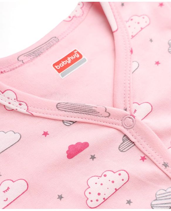 Babyhug 100% Cotton Interlock Knit Full Sleeves Front Open Jhablas With Polka Dot, Cloud & Floral Print Pack of 3 - Pink, Light Pink & White