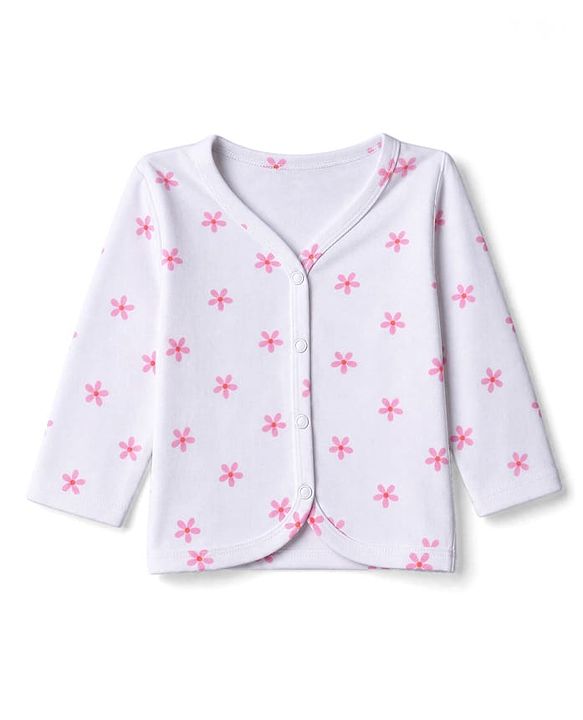Babyhug 100% Cotton Interlock Knit Full Sleeves Front Open Jhablas With Polka Dot, Cloud & Floral Print Pack of 3 - Pink, Light Pink & White