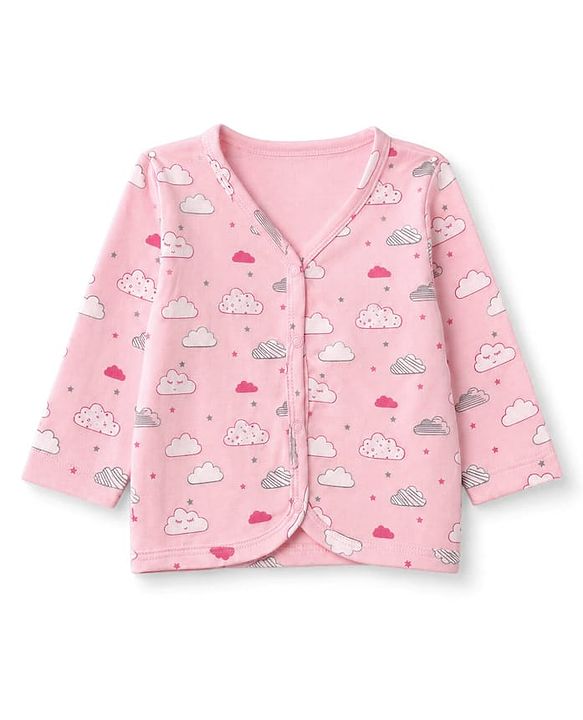 Babyhug 100% Cotton Interlock Knit Full Sleeves Front Open Jhablas With Polka Dot, Cloud & Floral Print Pack of 3 - Pink, Light Pink & White