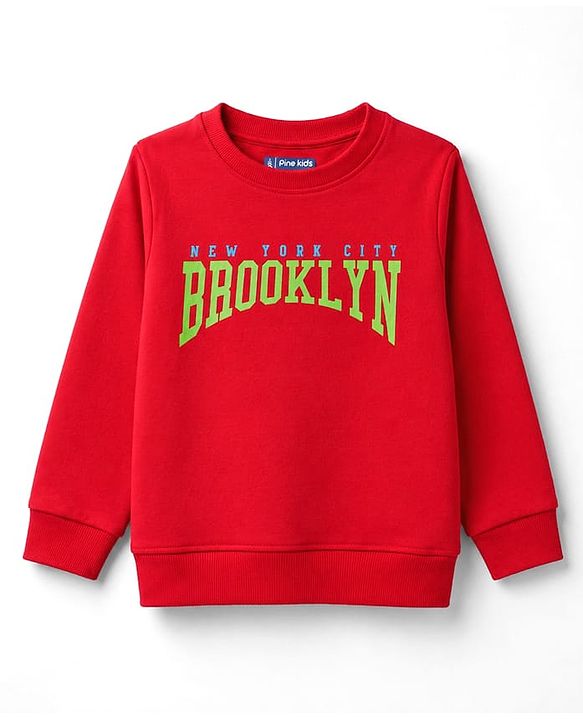 Pine Kids 100% Cotton Knit Full Sleeves Text Printed Winter Wear Set - Red