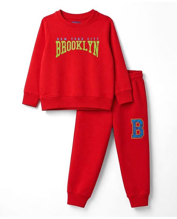 Pine Kids 100% Cotton Knit Full Sleeves Text Printed Winter Wear Set - Red