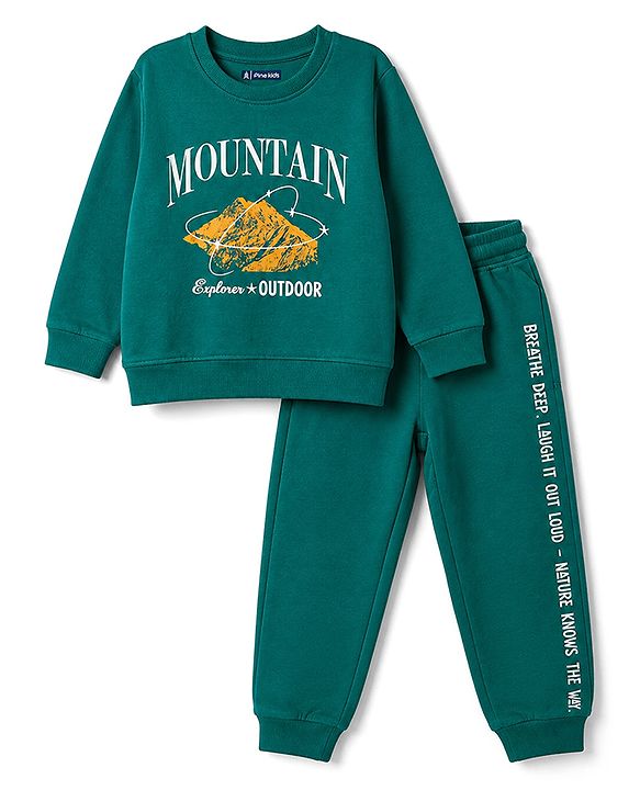 Pine Kids 100% Cotton Knit Full Sleeves Text Printed Winter Wear Set - Green