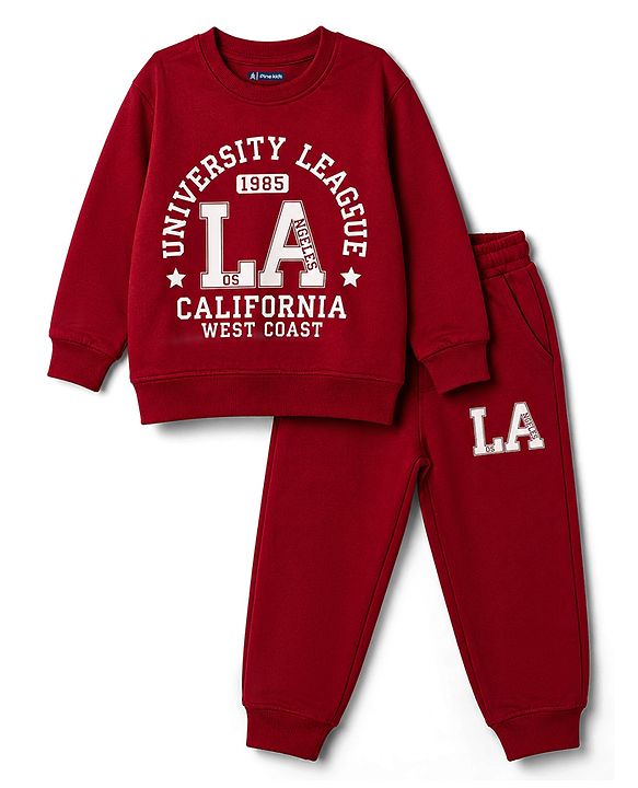 Pine Kids Looper Knit Full Sleeves Text Printed T-Shirt & Lounge Pant Set -  Maroon