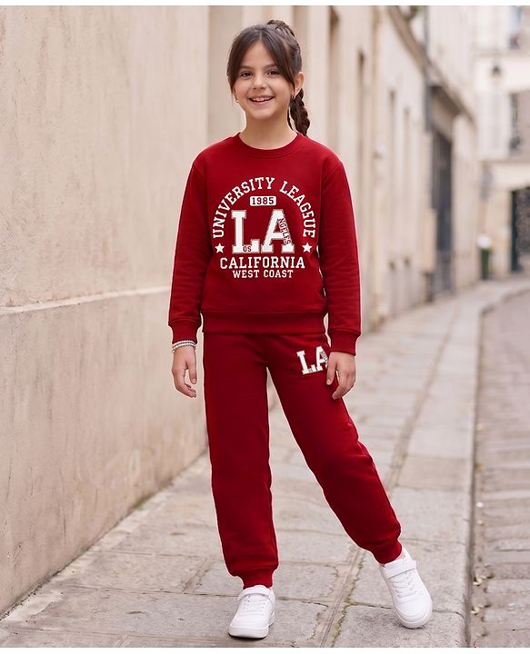 Pine Kids Looper Knit Full Sleeves Text Printed T-Shirt & Lounge Pant Set -  Maroon