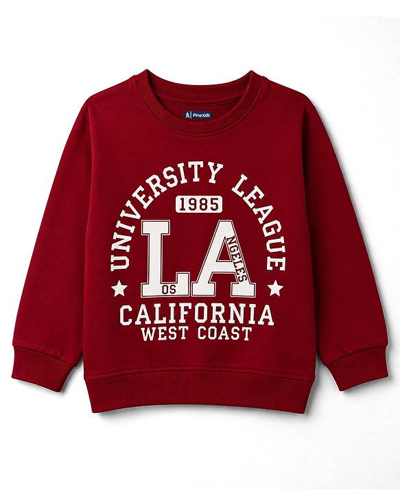 Pine Kids Looper Knit Full Sleeves Text Printed T-Shirt & Lounge Pant Set -  Maroon