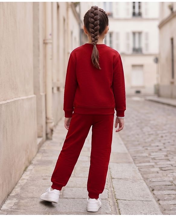 Pine Kids Looper Knit Full Sleeves Text Printed T-Shirt & Lounge Pant Set -  Maroon