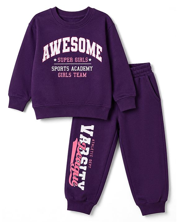 Pine Kids Looper Knit Full Sleeves Text Printed Winter Wear Suit - Purple