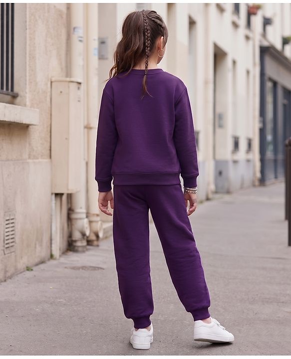 Pine Kids Looper Knit Full Sleeves Text Printed Winter Wear Suit - Purple