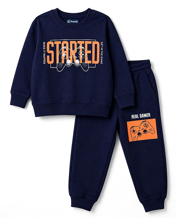 Pine Kids Looper Knit Full Sleeves Text Printed Winter Wear Suit - Navy Blue
