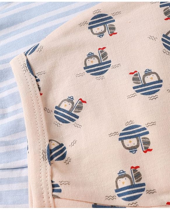 Babyhug 100% Cotton Interlock Knit Striped Baby Caps with Penguin in Boat Print Pack of 2 Blue & Light Pink - Diameter 9 cm