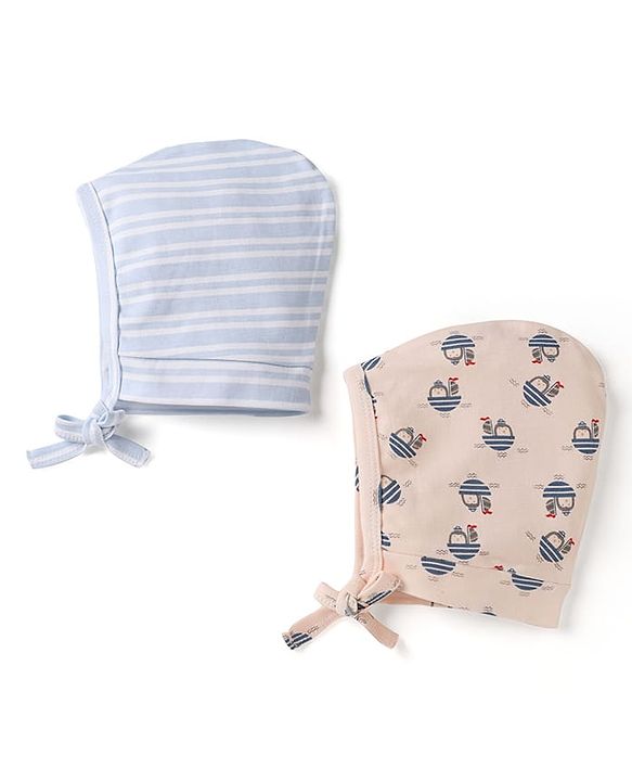 Babyhug 100% Cotton Interlock Knit Striped Baby Caps with Penguin in Boat Print Pack of 2 Blue & Light Pink - Diameter 9 cm