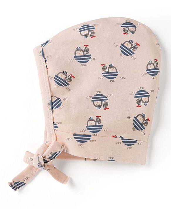 Babyhug 100% Cotton Interlock Knit Striped Baby Caps with Penguin in Boat Print Pack of 2 Blue & Light Pink - Diameter 9 cm